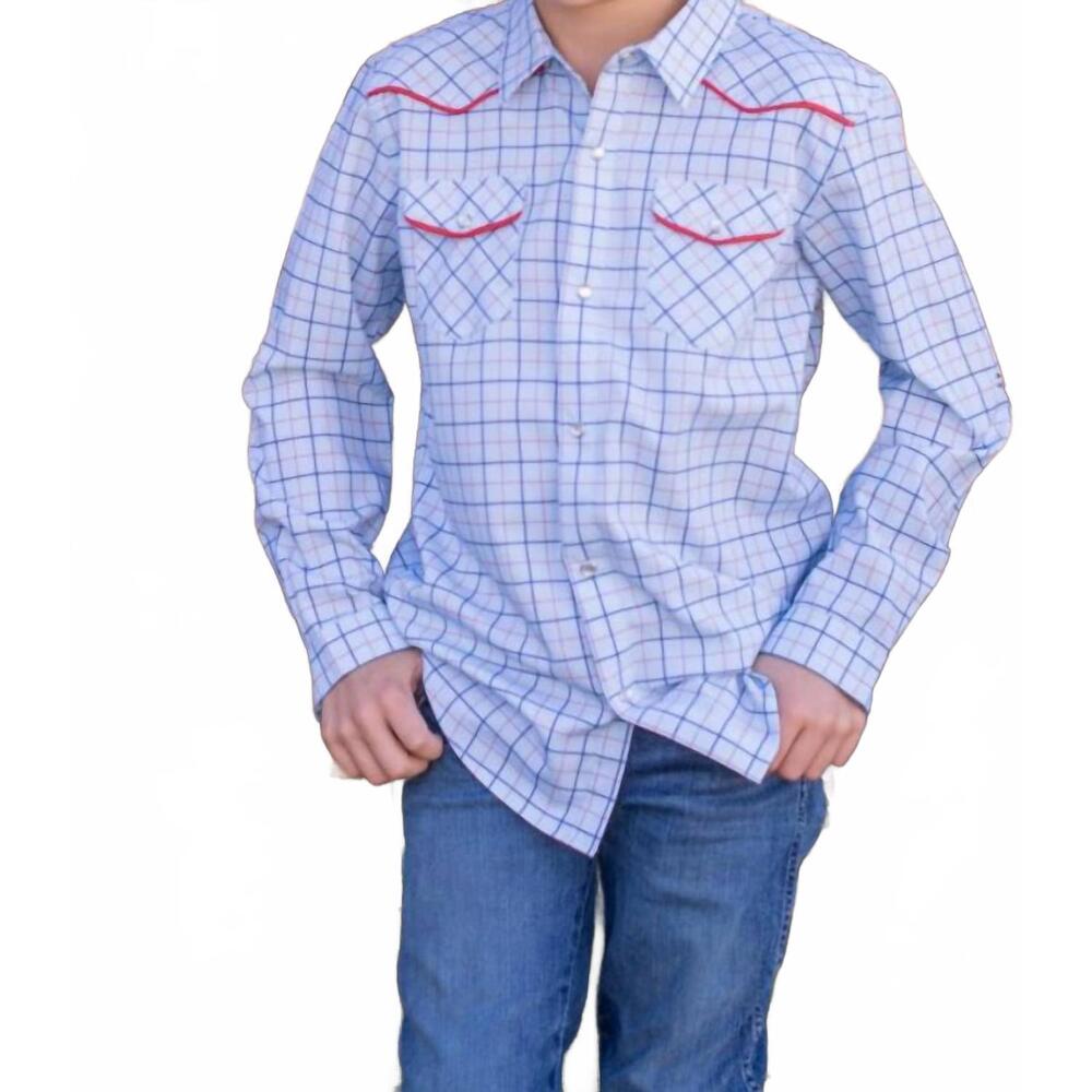 NEW BLUE QUAIL CLOTHING CO. tattersall pearl snap long sleeve shirt in blue